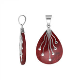 Sterling Silver Balinese Teardrop Shape Red Coral Pendant With Silver Wave Design